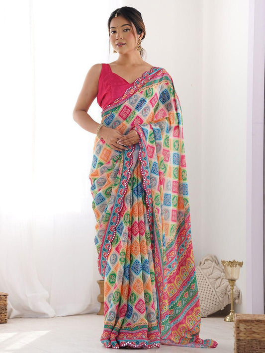 Vibrant Multicolor Geometric Printed Saree with Pink Blouse β Festive & Casual Ethnic Wear