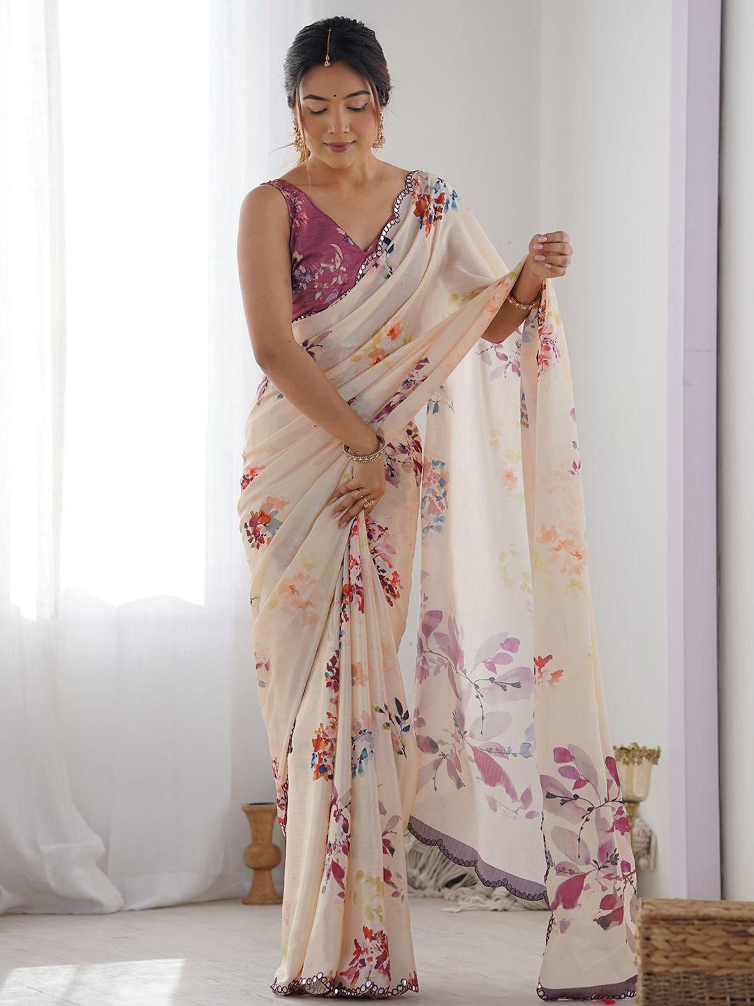 Elegant Cream Floral Printed Saree with Contrasting Blouse – Lightweight Party & Casual Wear