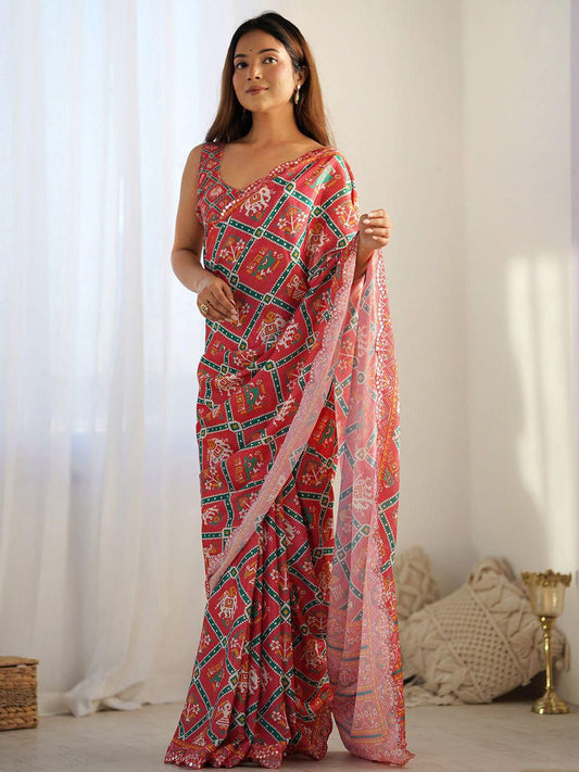Traditional Red Bandhani Printed Saree with Pink Border β Festive & Ethnic Wear