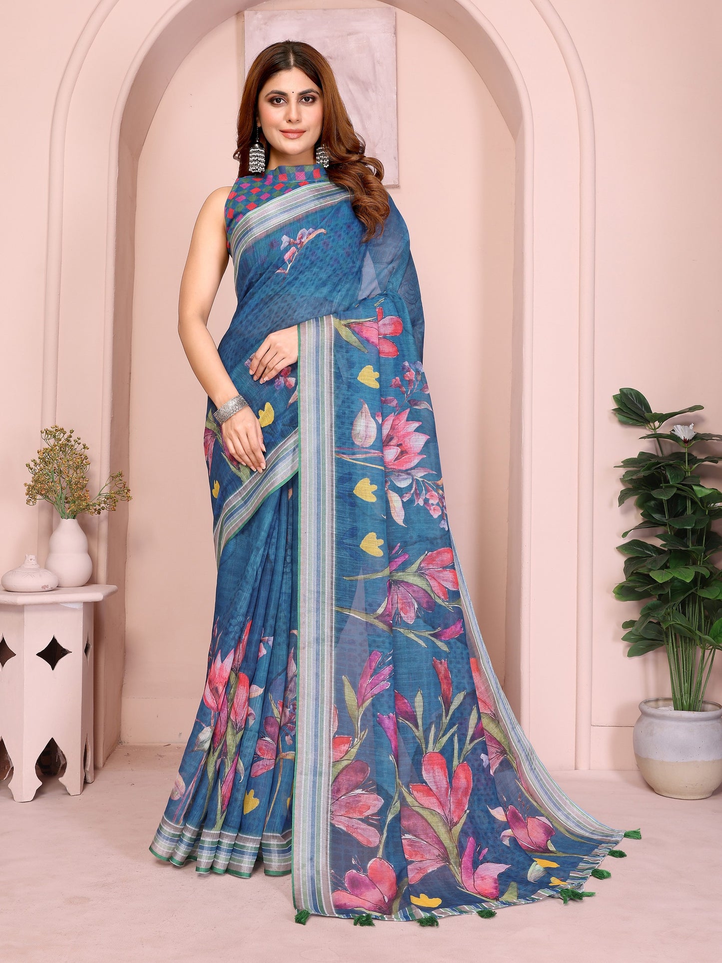 Elegant Linen Cotton Saree with Vibrant Floral Print