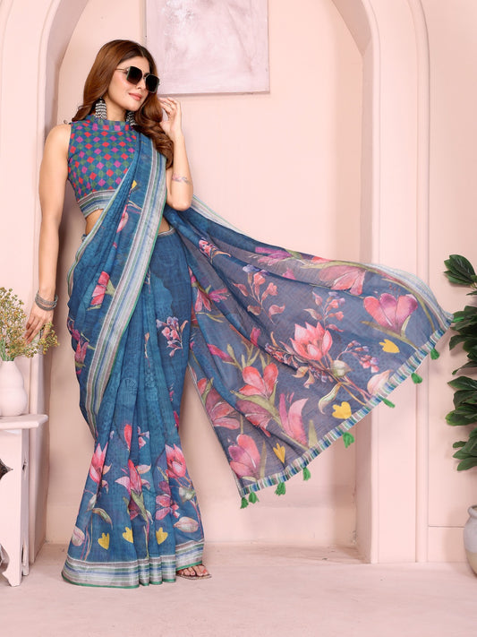 Elegant Linen Cotton Saree with Vibrant Floral Print