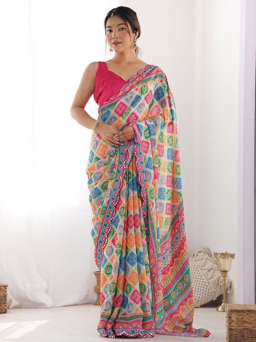 Vibrant Multicolor Geometric Printed Saree with Pink Blouse – Festive & Casual Ethnic Wear