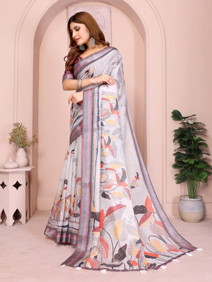 Elegant Linen Cotton Saree With Floral Print