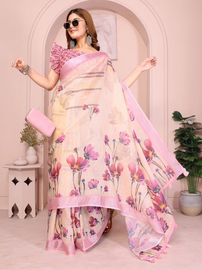 Elegant Linen Cotton Saree with Blooming Floral Design