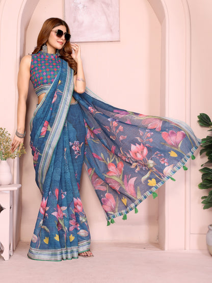 Elegant Linen Cotton Saree with Vibrant Floral Print
