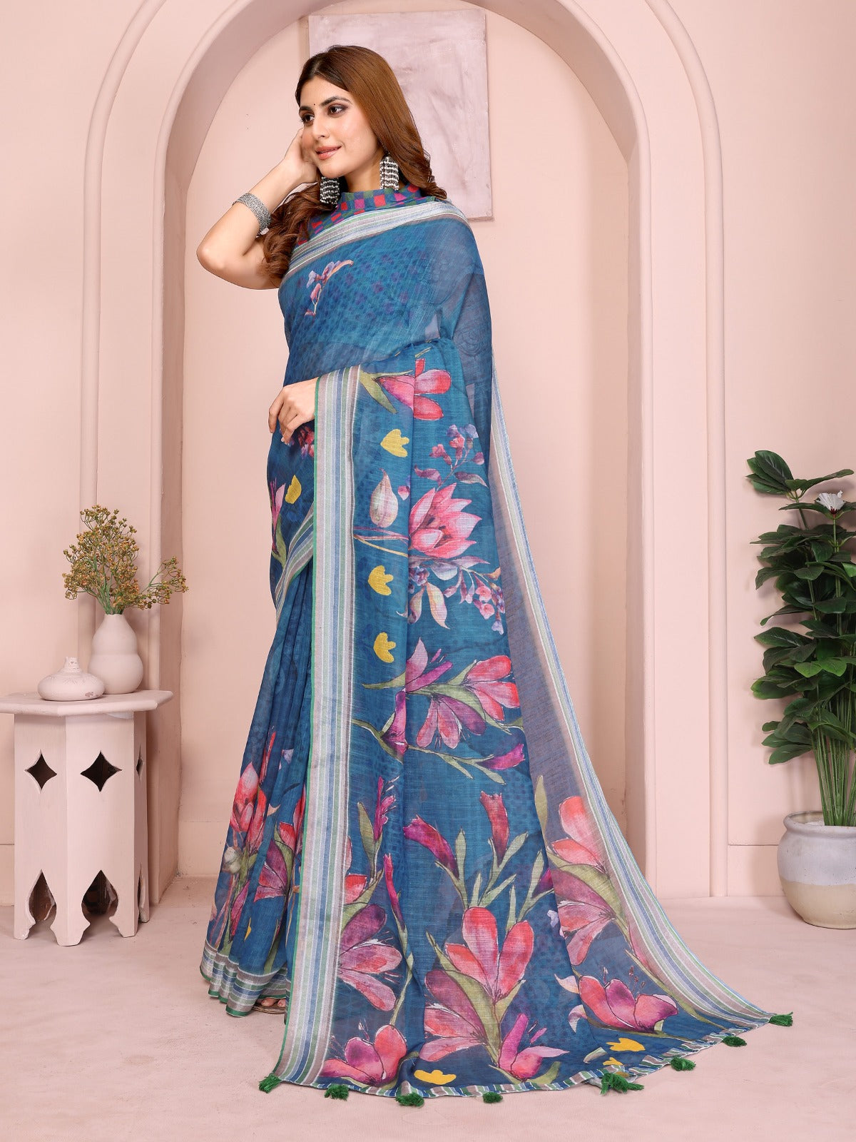 Elegant Linen Cotton Saree with Vibrant Floral Print