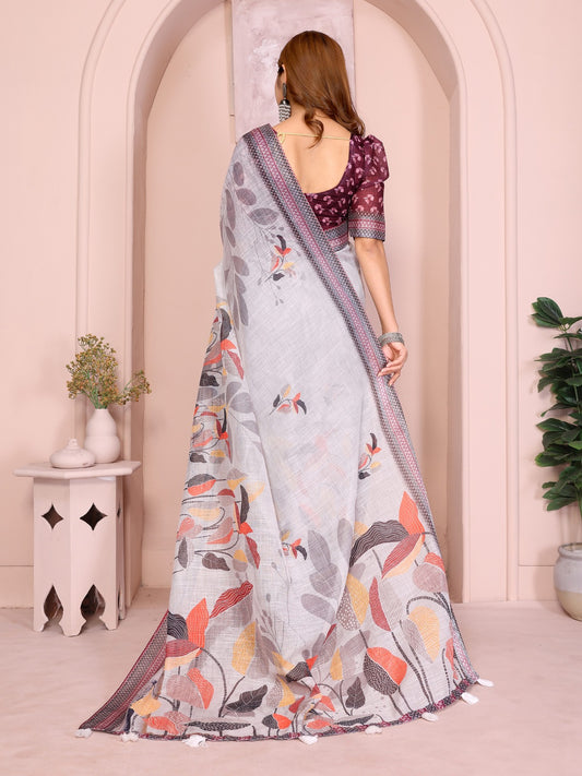 Elegant Linen Cotton Saree With Floral Print