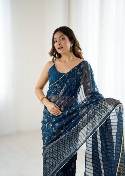 Graceful Charm in Elegant Blue Saree Look